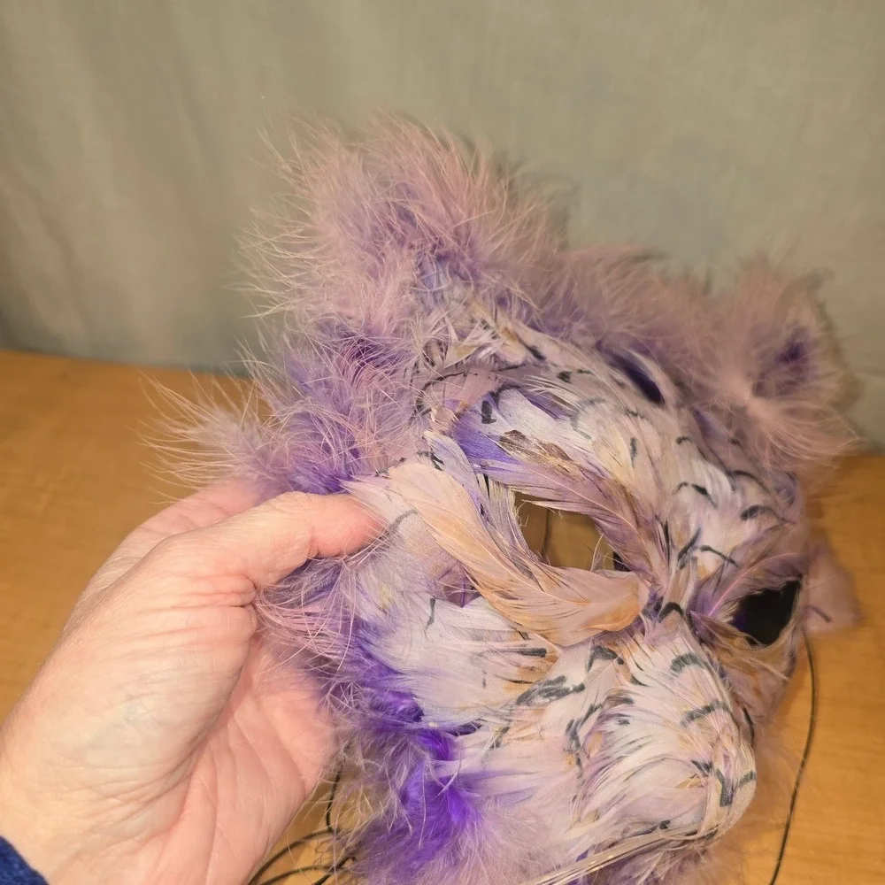 Marti‎ Gras Cat Kitten Purple Mask Vintage Handmade feathers whiskers